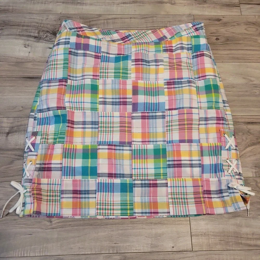 Talbots Sz 10P Madras Plaid Patchwork Cotton Lined Skirt Lace-Up Side Slit